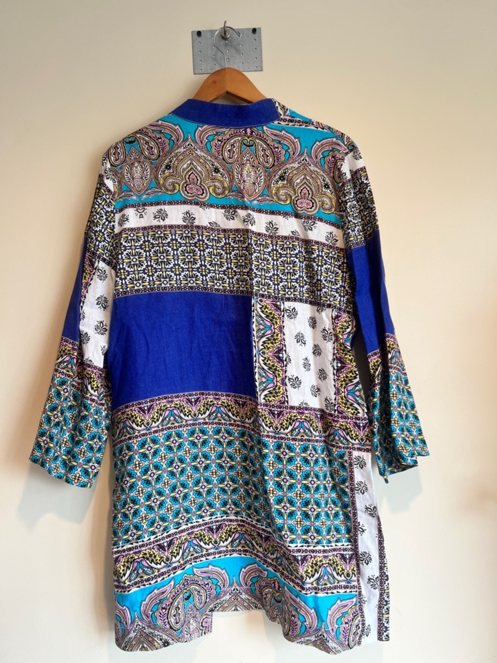 Chico's Women's SZ 2/12-14 100% Linen Duster Floral Patchwork Jacket Lagenlook